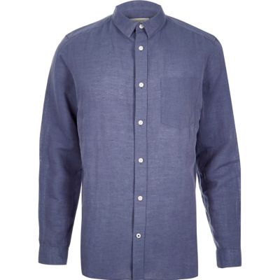 Blue relaxed fit linen-rich shirt